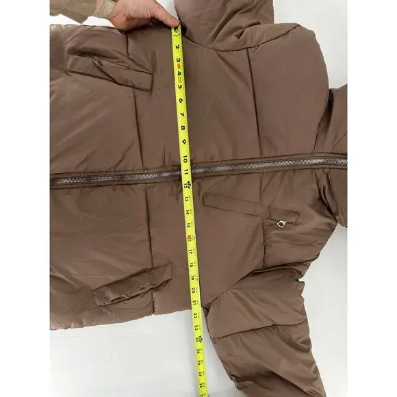 Shein Puffer Coat Jacket Sz L Brown Minimalist Trendy High Neck Normcore - Picture 9 of 11